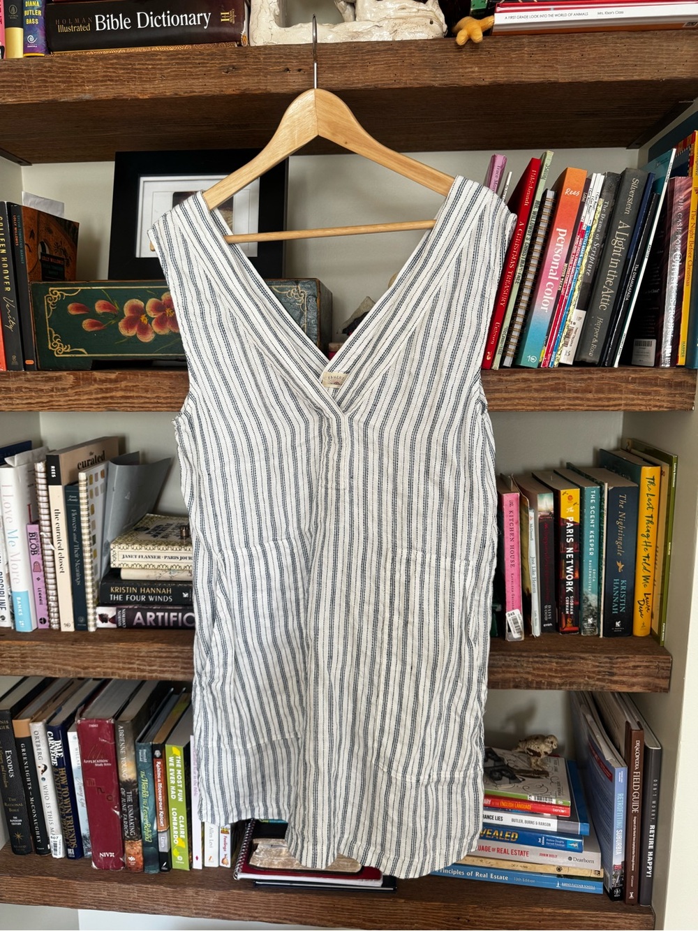 Faherty Blue and White Striped V‑Neck Mini Dress